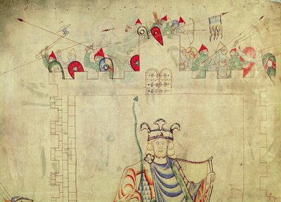 Ms 1215 t.3 fol.13v Re Davide seduto in maestà al centro di Gerusalemme, dettaglio di soldati sulle mura, dalla Bibbia di St. Etienne Harding da French School